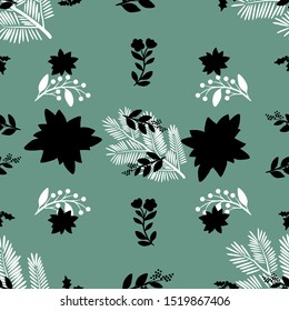 Pretty Greenery Seamless Pattern Vector with Red Poinsettia and Holly Berries
