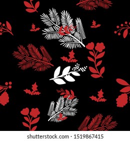 Pretty Greenery Seamless Pattern Vector with Red Poinsettia and Holly Berries