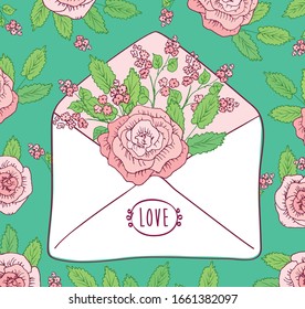  Pretty greeting card with hand drawn flowers and leaves for birthday, Mother's Day, March 8, wedding, Valentine's Day. Pink rose in envelope. Vector illustration.