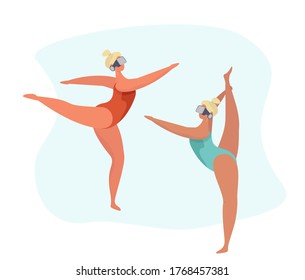 Pretty Gymnasts using a VR Headset and Experiencing Virtual Reality.People Wearing a Virtual Relaity Headset.Teenage Girls and Hi Tech.Flat Vector Illustration