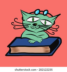 Pretty hand drawing cartoon cat with glasses and book