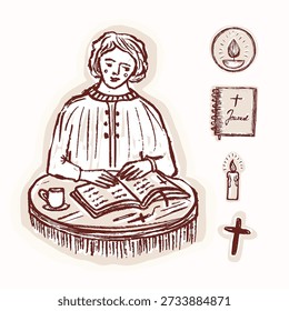 Pretty hand drawn bible journaling woman on table with cross, candle , coffee cup with bible you can write in. Isolated vector flat modern aesthetic for christian religious graphic design sticker