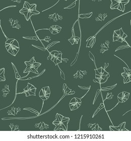 Pretty hand drawn botanical seamless vector pattern. Delicate line art drawing on a solid green background creates a beautiful texture. For textiles, fashion, bath products, gift packaging and paper.