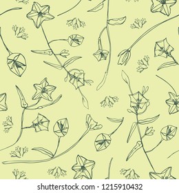 Pretty hand drawn botanical seamless vector pattern. Delicate line art drawing on a solid green background creates a beautiful texture. For textiles, fashion, bath products, gift packaging and paper.