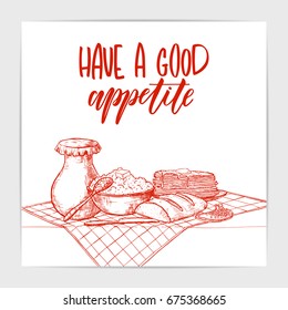 Pretty hand drawn card with diary product still life.