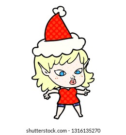 pretty hand drawn comic book style illustration of a elf girl wearing santa hat