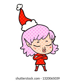 pretty hand drawn comic book style illustration of a elf girl wearing santa hat