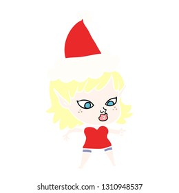pretty hand drawn flat color illustration of a elf girl wearing santa hat