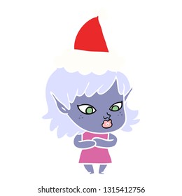 pretty hand drawn flat color illustration of a elf girl wearing santa hat