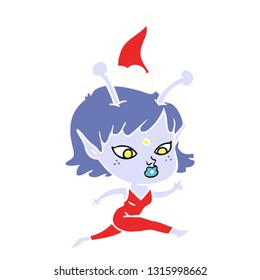 pretty hand drawn flat color illustration of a alien girl running wearing santa hat