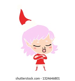 pretty hand drawn flat color illustration of a elf girl wearing santa hat