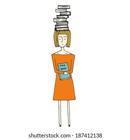 Pretty hand drawn girl with books on white background. Education and learning vector illustration.