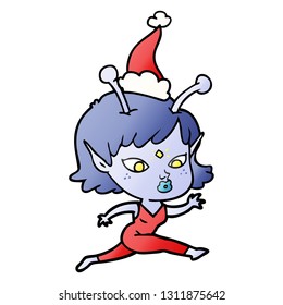 pretty hand drawn gradient cartoon of a alien girl running wearing santa hat