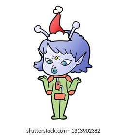 pretty hand drawn gradient cartoon of a alien girl wearing santa hat