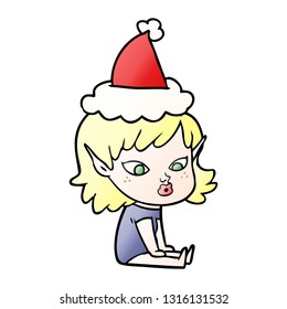 pretty hand drawn gradient cartoon of a elf girl wearing santa hat