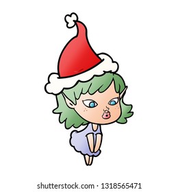 pretty hand drawn gradient cartoon of a elf girl wearing santa hat