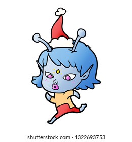pretty hand drawn gradient cartoon of a alien girl running wearing santa hat