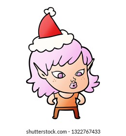 bonita caricatura de gradiente dibujada a mano de una chica elfo con sombrero santa