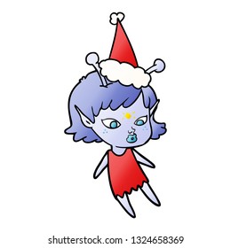 pretty hand drawn gradient cartoon of a alien girl wearing santa hat