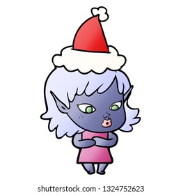 pretty hand drawn gradient cartoon of a elf girl wearing santa hat