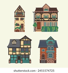 Pretty hand drawn houses of European old city street. Seamless vector with building facades. Flat vector illustration in cute style.