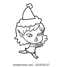 pretty hand drawn line drawing of a elf girl wearing santa hat