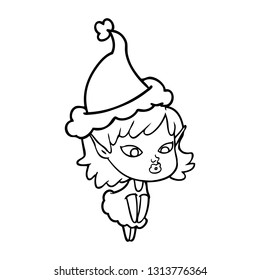 pretty hand drawn line drawing of a elf girl wearing santa hat