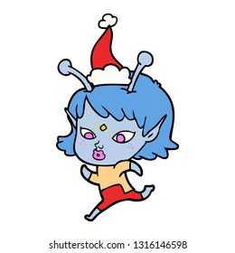 pretty hand drawn line drawing of a alien girl running wearing santa hat
