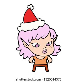 pretty hand drawn line drawing of a elf girl wearing santa hat