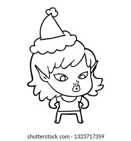 pretty hand drawn line drawing of a elf girl wearing santa hat