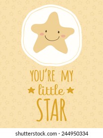 Pretty hand drawn poster with little star for valentine's day, wedding or just because of love in cute cartoon childish style. Doodle greeting card with seamless pattern background in yellow stars.