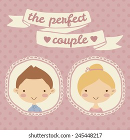 Pretty hand drawn poster with portraits of loving boy and girl in round frames for valentine's day, wedding in cute cartoon childish style. Doodle greeting card with pink seamless pattern background.