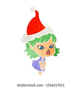 pretty hand drawn retro cartoon of a elf girl wearing santa hat