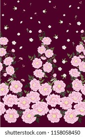Pretty hand drawn seamless border in cute garden flowers of peonies. Floral background for dress, home design, wallpaper, print or other. Satin print