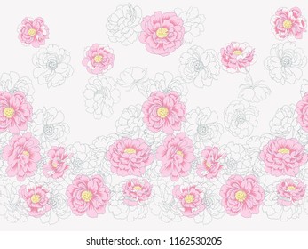 Pretty hand drawn seamless border in cute garden flowers of peonies. Floral background for dress, home design, wallpaper, print or other. Satin print