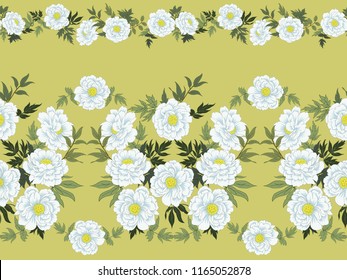 Pretty hand drawn seamless border in cute garden flowers of peonies. Floral background for dress, home design, wallpaper, print or other. Satin print