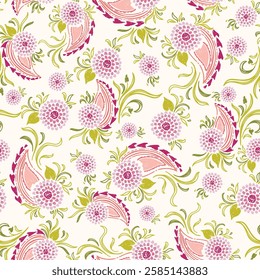 Pretty Hand Drawn Sketch Style Paisley With purple Flower And Swirly Green Leaves Pattern