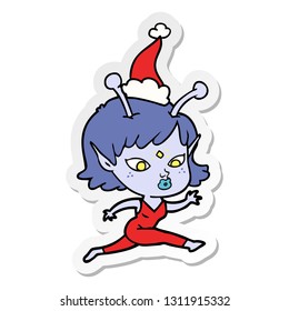 pretty hand drawn sticker cartoon of a alien girl running wearing santa hat