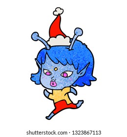 pretty hand drawn textured cartoon of a alien girl running wearing santa hat