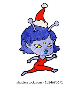 pretty hand drawn textured cartoon of a alien girl running wearing santa hat
