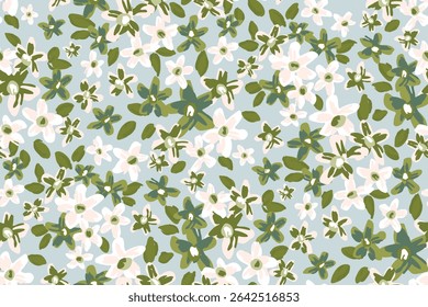 Pretty hand painted ditsy flowers and leaves in a meadow forming a maximalist botanical pattern in colors of green, cream and off white on blue. Seamless vector pattern. Great for home decor, fabric.
