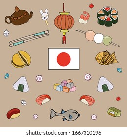 pretty hand-drawn colorful Japanese set with popular traditional multicolored yummy kind of asian food on grey-brown background