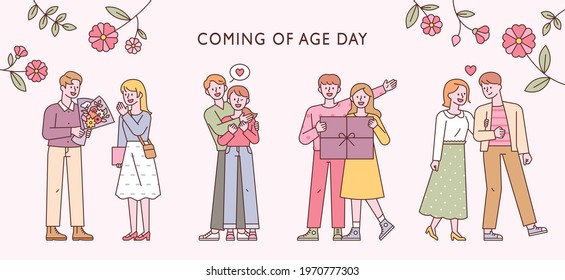 A pretty and handsome couple of men and women are celebrating Coming-of-Age Day with happy expressions. flat design style minimal vector illustration.