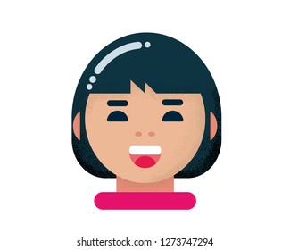 Pretty happy asian girl flat icon with noise texture flat illustration. kid children isolated on white background. design character