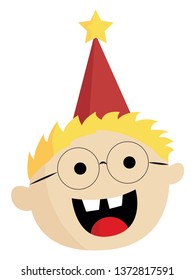 A pretty happy boy with blonde hair glasses wears a red birthday cap with a yellow star on the top vector color drawing or illustration 