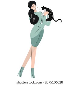 Pretty happy brunette girl holding a black cute cat in her arms. A young woman adopted a kitten from an animal shelter. Design for a pet shop or veterinary clinic. Flat isolated vector illustration.