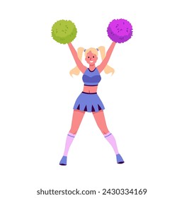 Pretty happy cheerleader girl raised hands up holding pompoms and dancing. Cartoon character perform warm up. Sport fan uniform. Vector flat illustration isolated on white