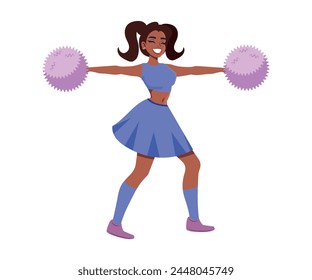 Pretty happy cheerleader girl raised hands up holding pompoms and dancing. Cartoon character perform warm up. Sport fan uniform. Vector flat illustration isolated on white