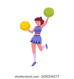 Pretty happy cheerleader is holding a pompoms and dancing in action. Cartoon character performs the jumps. Sport fan uniform. Vector illustration isolated on white background