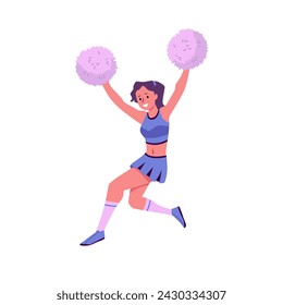 Pretty happy cheerleader is holding a pompoms in action. Cartoon character performs the dance. Sport fan blue uniform. Vector illustration isolated on white background